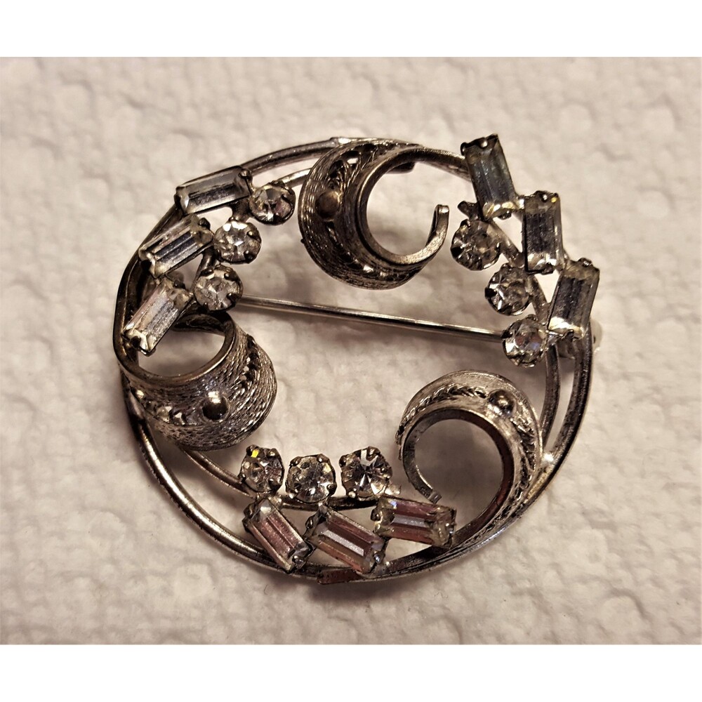Antique 1930s Carl Art Brooch / Pin in Sterling.  Baguette & Round Stones